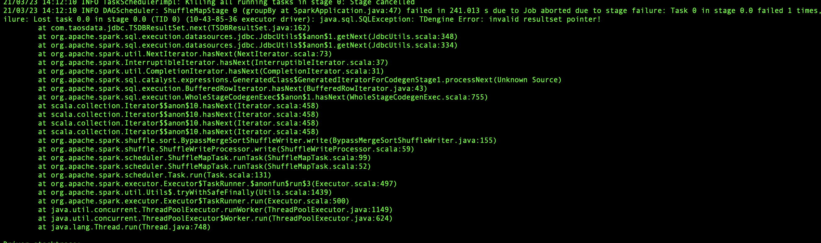 spark Invalid Resultset pointer! · Issue #5544 · taosdata/TDengine · GitHub