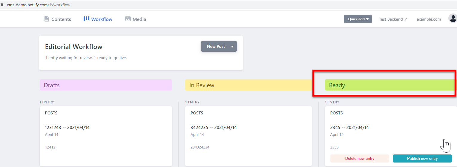 Figure: Publish your rule using the "ready" column