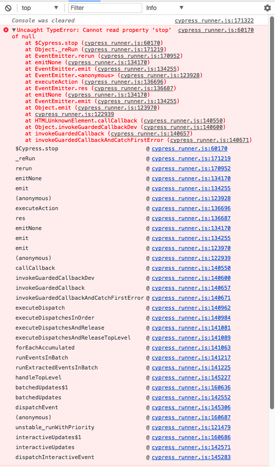 Cypress UI stops to display testcases and displays an internal error ...