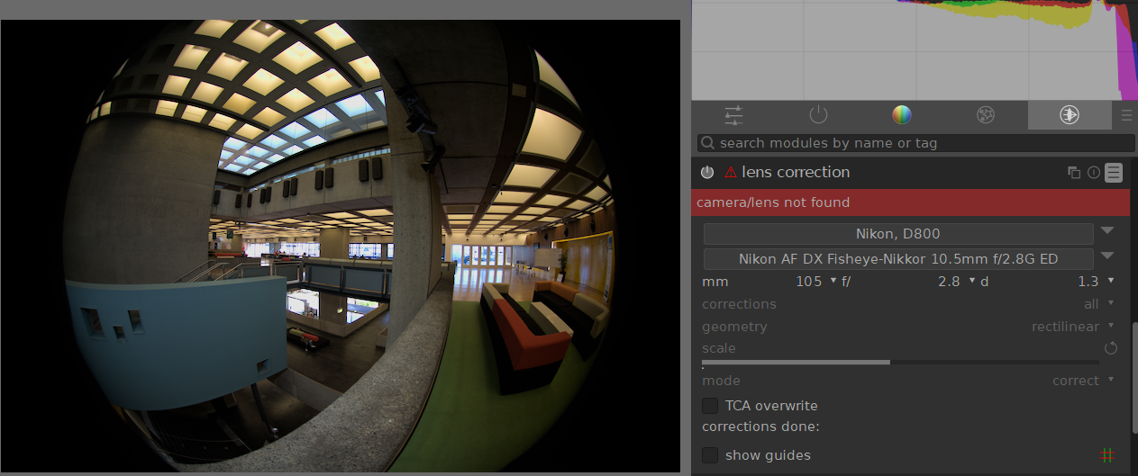 Defish for DX 10.5mm on Nikon FX camera (Lens correction support