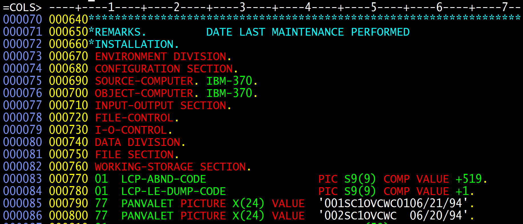 COBOL Syntax Highlighting in COBOL (1-6) and Standard (73-80) Sequence ...
