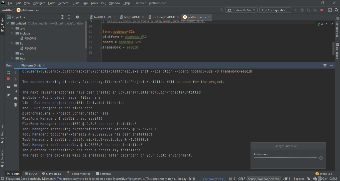 Initialization never ends en CLion 2020.2.3 · Issue #417 · platformio ...