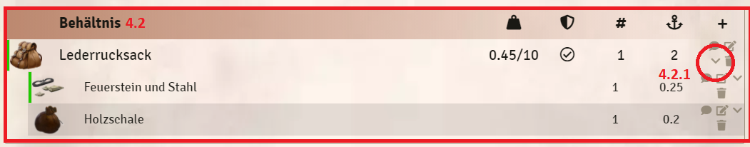 Items im Ausrüstungstab im Behältnis