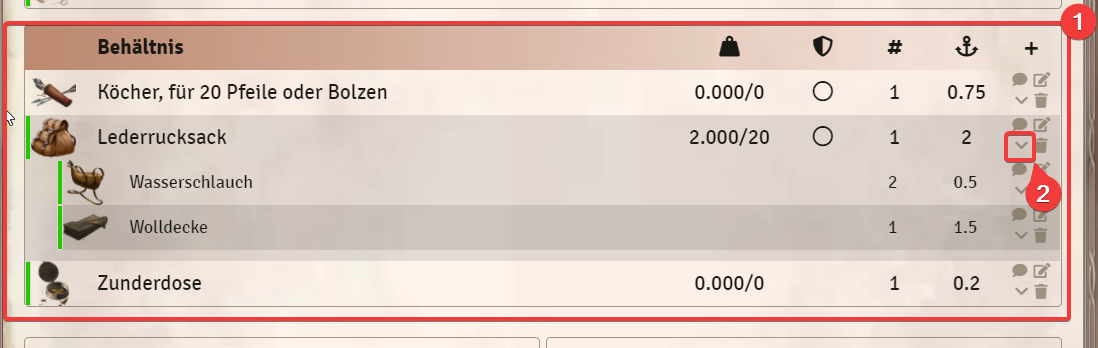 Items im Ausrüstungstab im Behältnis