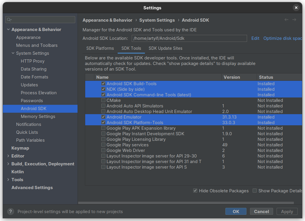 SDK Tools - Android SDK Build-Tools, NDK (Side by side), Android SDK Command-line Tools (latest), Android Emulator (version 31.3.13), Android SDK Platform-Tools (version 33.0.3)