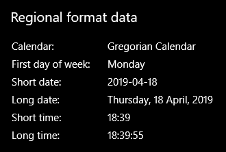 Regional date time format settings