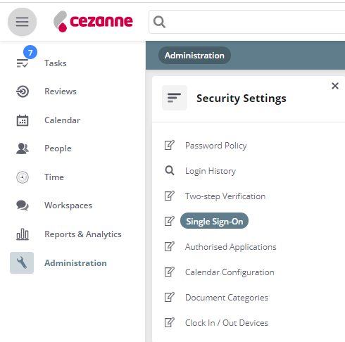 Screenshot shows the Cezanne H R Software tenant with Security Settings and Single Sign-On Configuration selected.