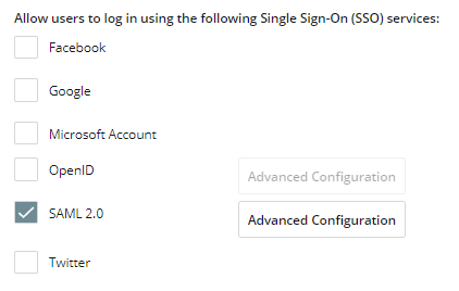 Screenshot shows the Allow users pane with SAML 2.0 and Advanced Configuration selected.