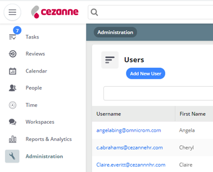 Screenshot shows the Cezanne H R Software tenant with Manage Users and Add New User selected.