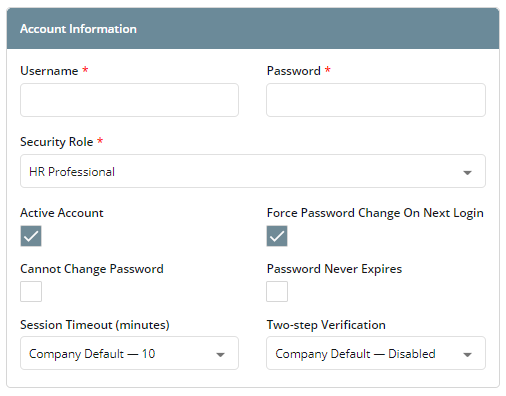 Screenshot shows ACCOUNT INFORMATION where you can enter the values described in this step.