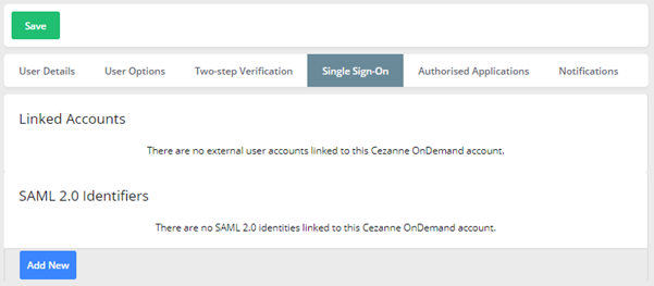 Screenshot shows the Single Sign-On tab where you can select Add New.