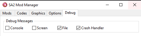 SA2 Mod loader debug section