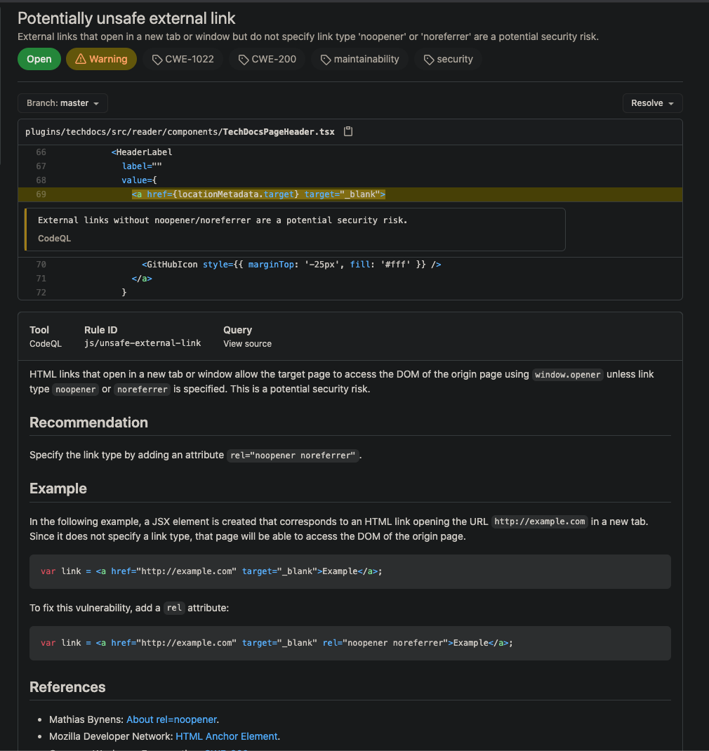 Use Rel Noopener Noreferrer In Anchor s For External Links Issue 2760 Backstage Backstage Github