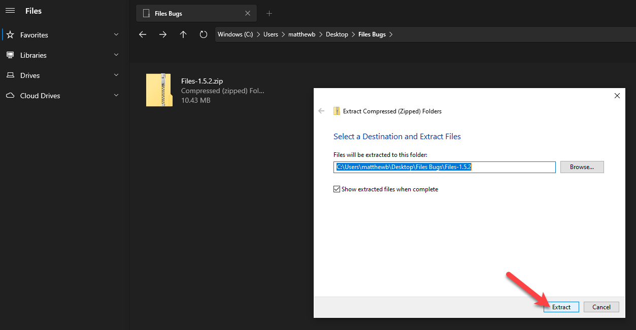 Dialog window disappears behind the Files Window when you select a zip