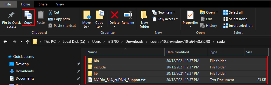 Copy contents including folders of Cudnn