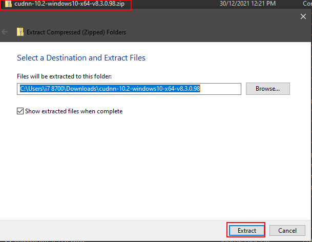 Extract the zip file just downloaded for cuDNN
