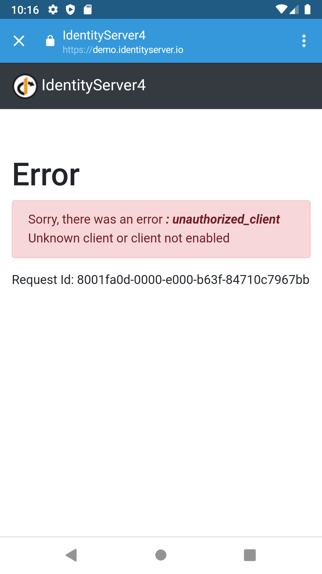 Testing Android client, on "Login" getting "...unauthorized_client ...