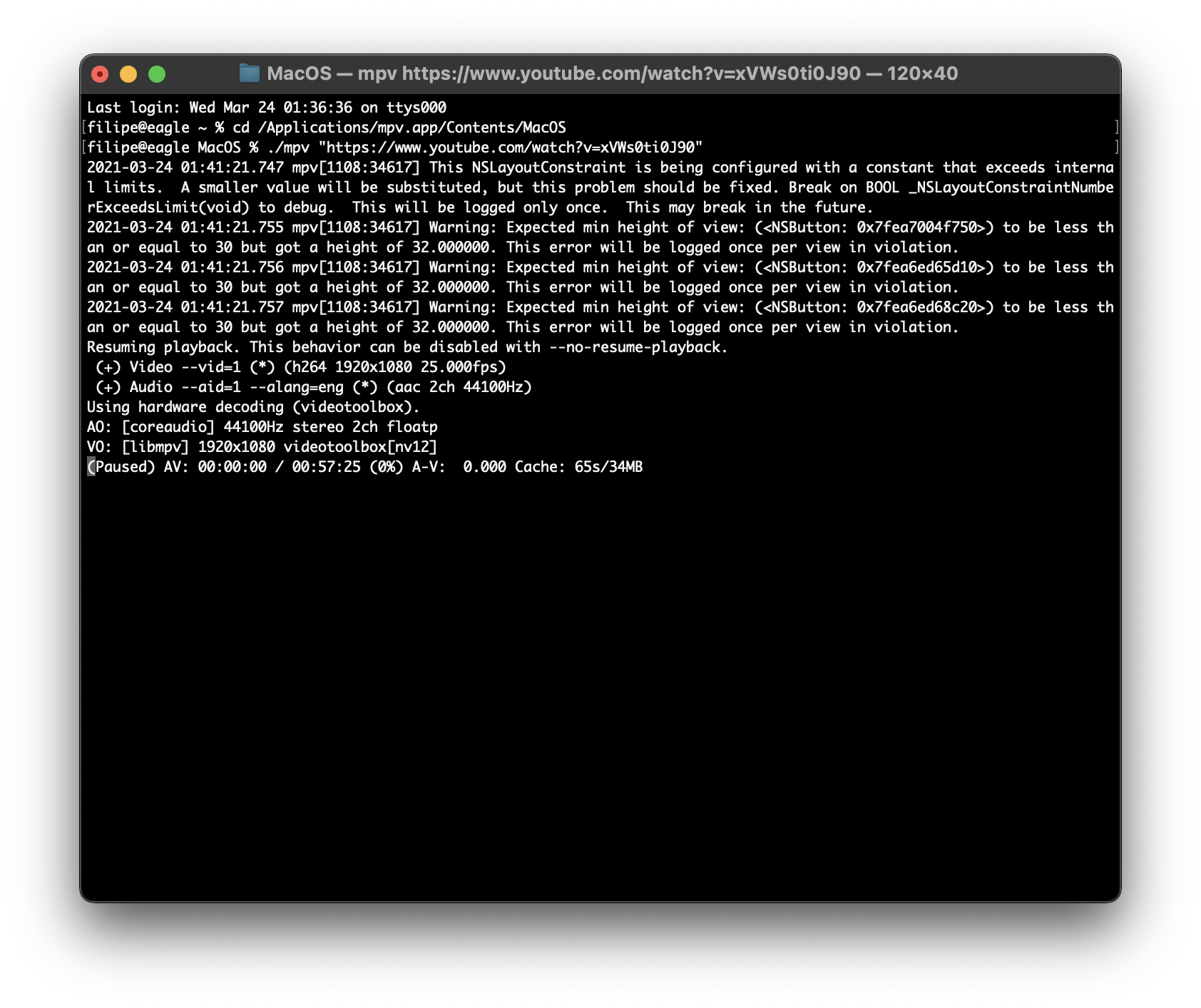 NSLayoutConstraint warning when running mpv on macOS Big Sur terminal