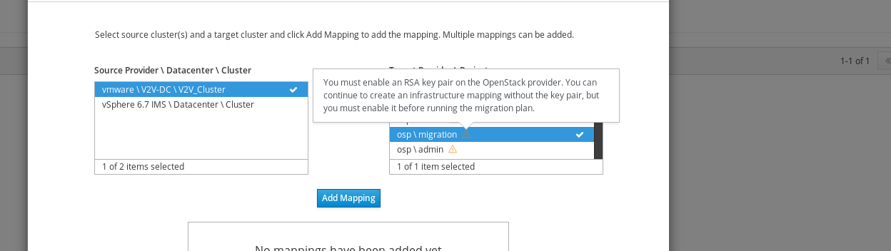 [BZ#1708365] Mapping Wizard: Clusters Step - OSP RSA Key Pair warning ...