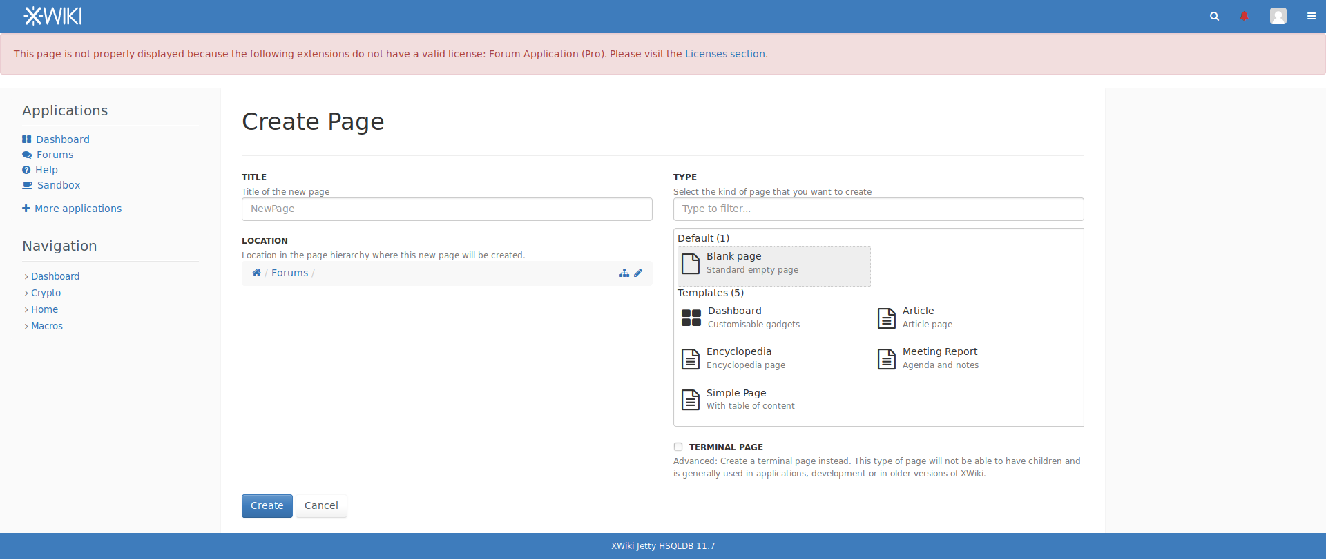 The missing license is displayed when creating a new page from an