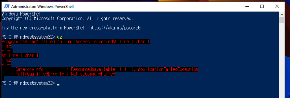 Can't run `az` in PowerShell: Program 'az.cmd' failed to run: Access is ...