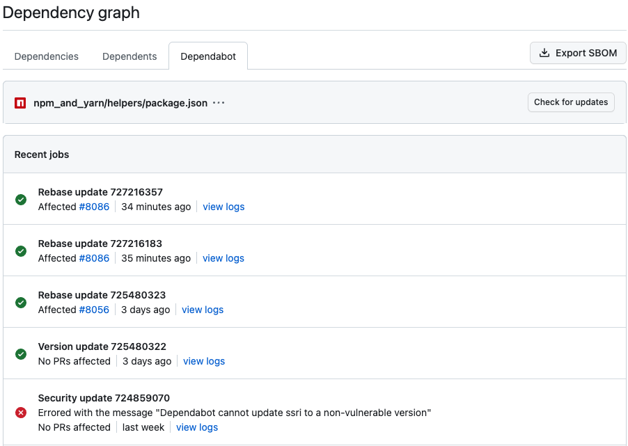Screenshot of a list of details about recent Dependabot jobs for a repository