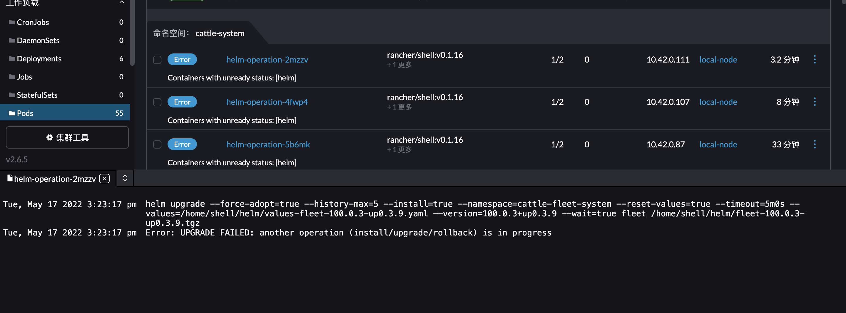 after offline install v2.6.5 get a lot of helmoperationxxx pod failed