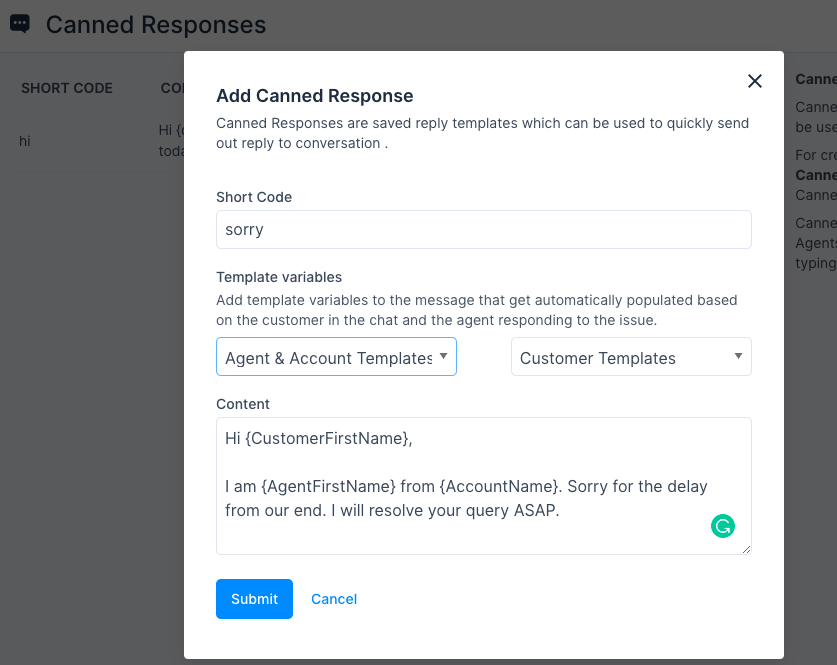 Enable templating for canned responses and replies · Issue 2084