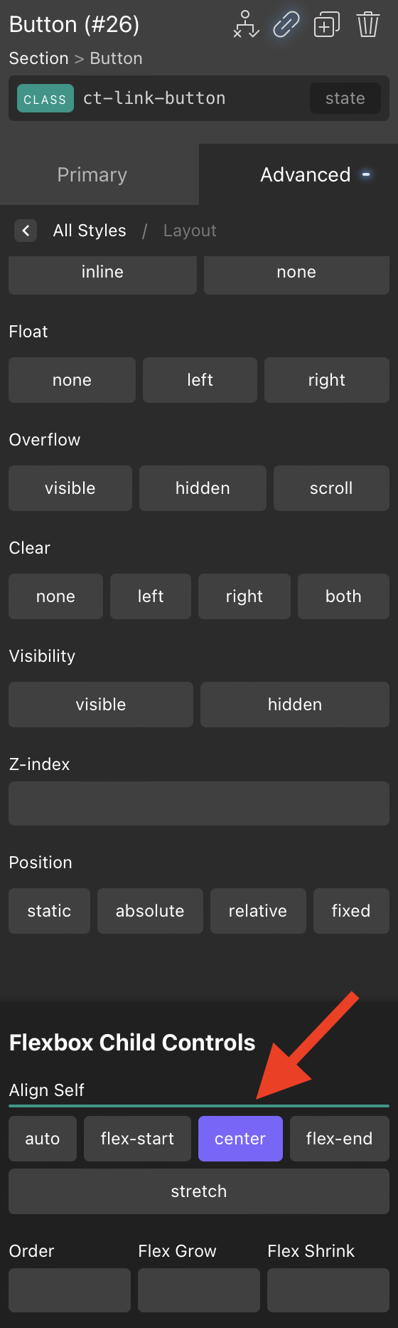 Indicator missing on Layout tab when Flexbox Child Controls area is ...