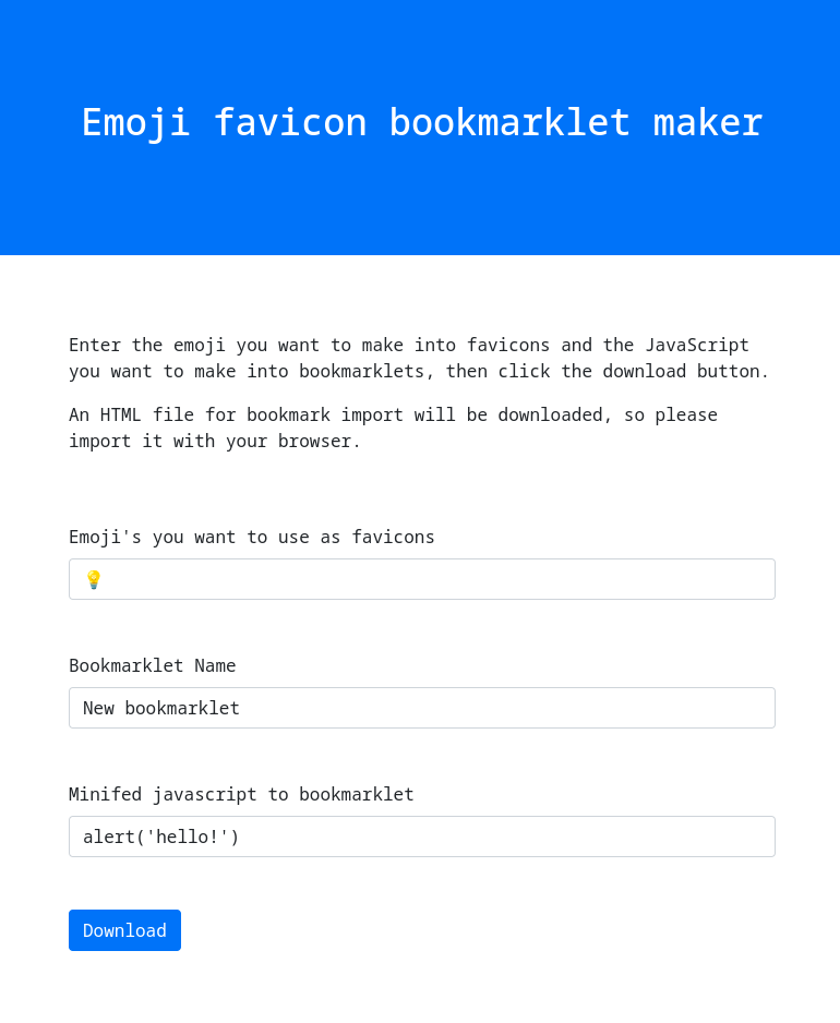 GitHub hidao80/emojifaviconbookmarkletmaker This is a web application that allows you to