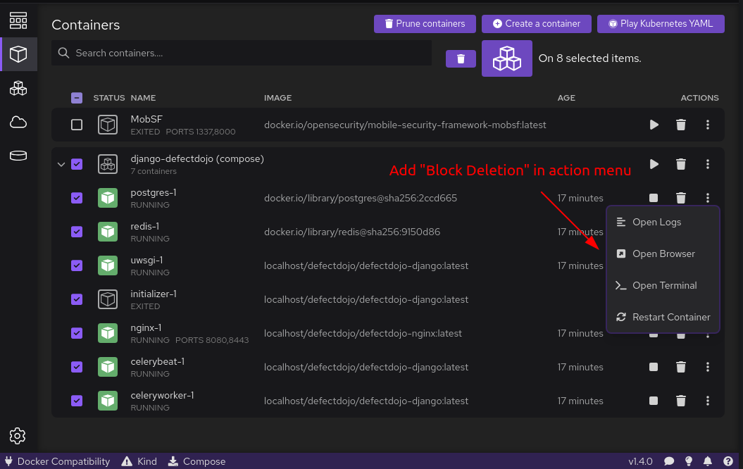 Stop all containers at once and block container or image removal
