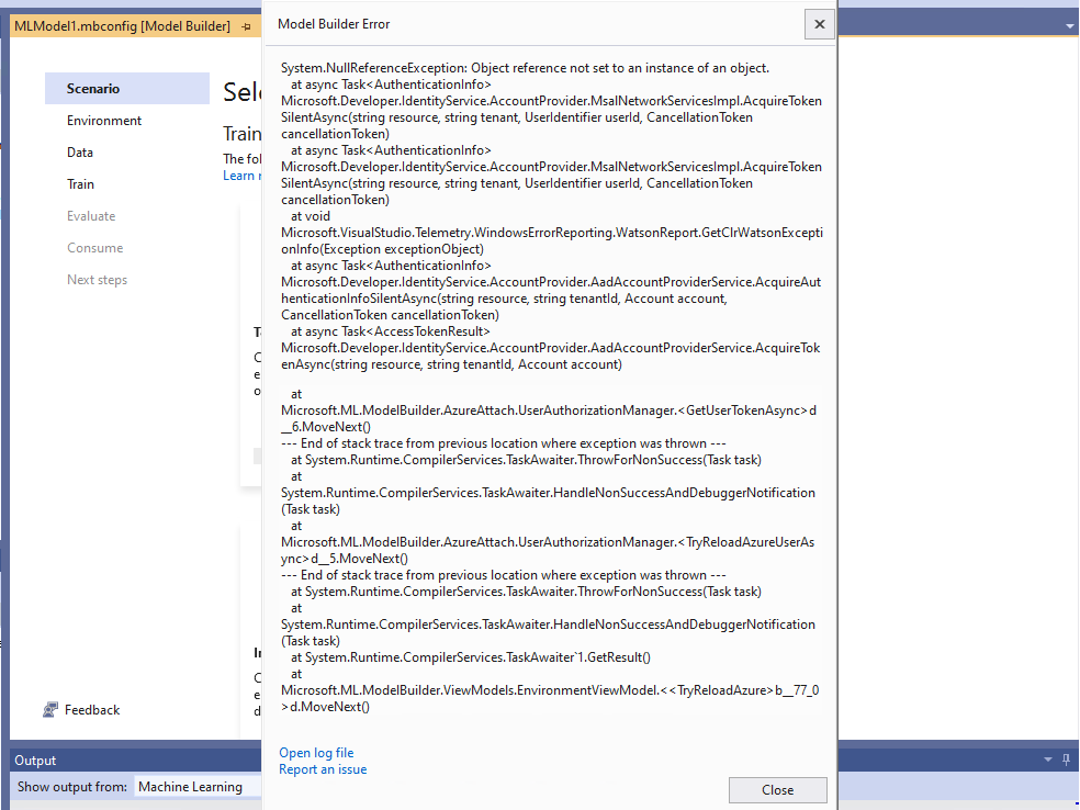 Model Builder error occurs on the process of model builder for Azure ...