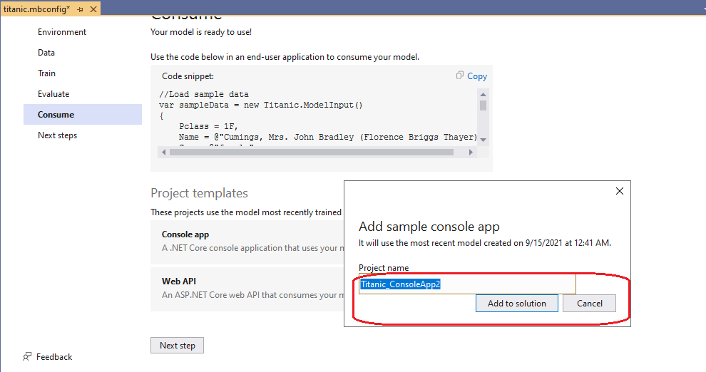 The buttons and the input box on the Add sample console app dialog are ...