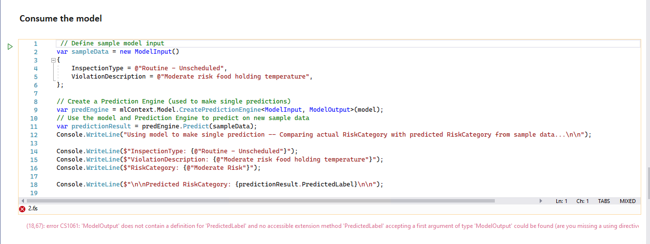 Display error under "Consume the model" of Notebook for Data ...