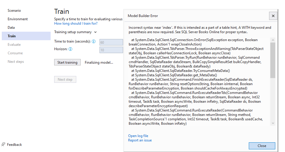 Forecasting: Training error for Data source from SQLPassword. · Issue ...