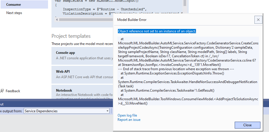 Model Builder Error when adding console app to solution on Consume page ...
