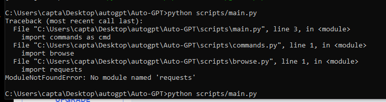 Modulenotfounderror: No Module Named 'Requests' · Significant-Gravitas  Auto-Gpt · Discussion #417 · Github