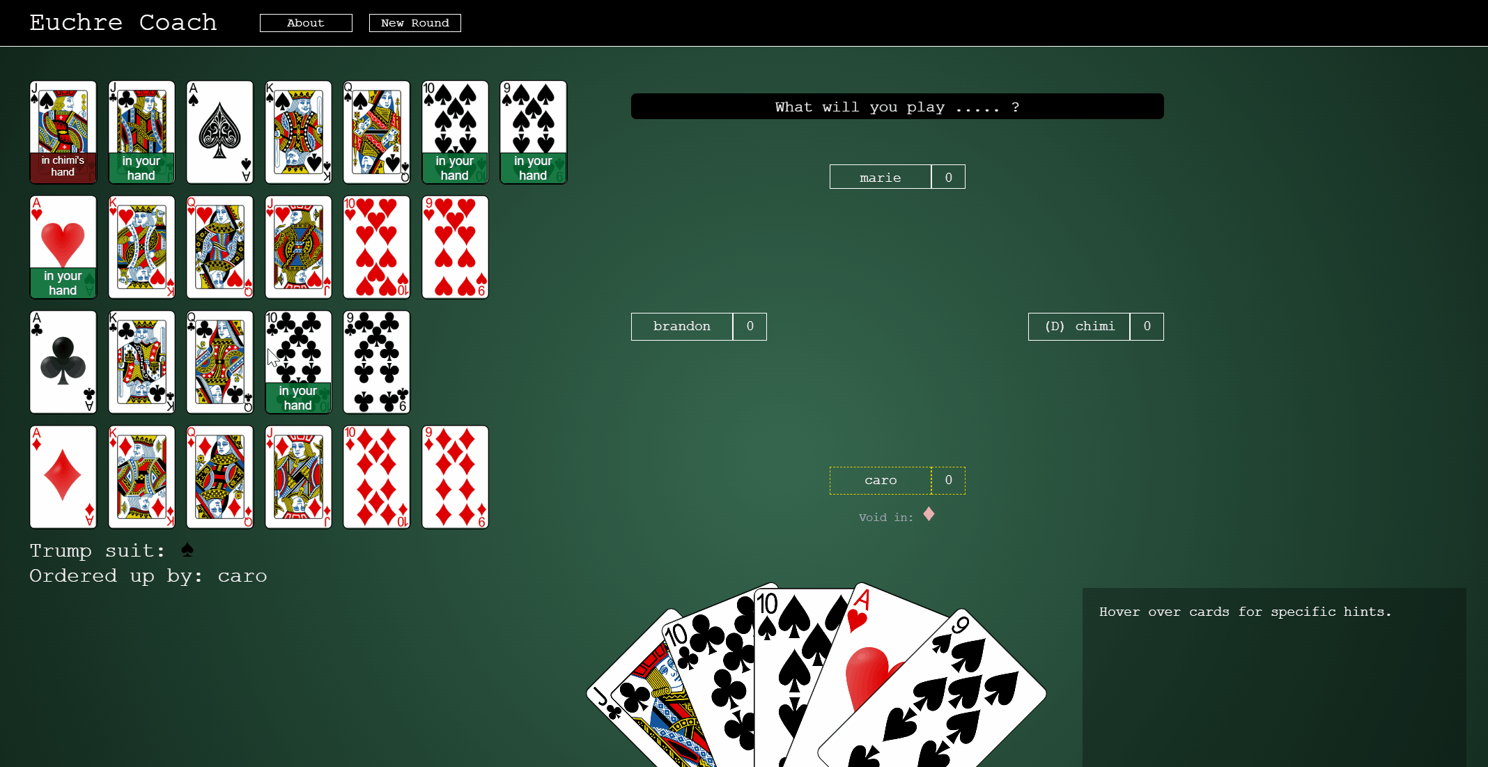 GitHub cmedelius/euchrecoach euchre card counter and strategy visualizer