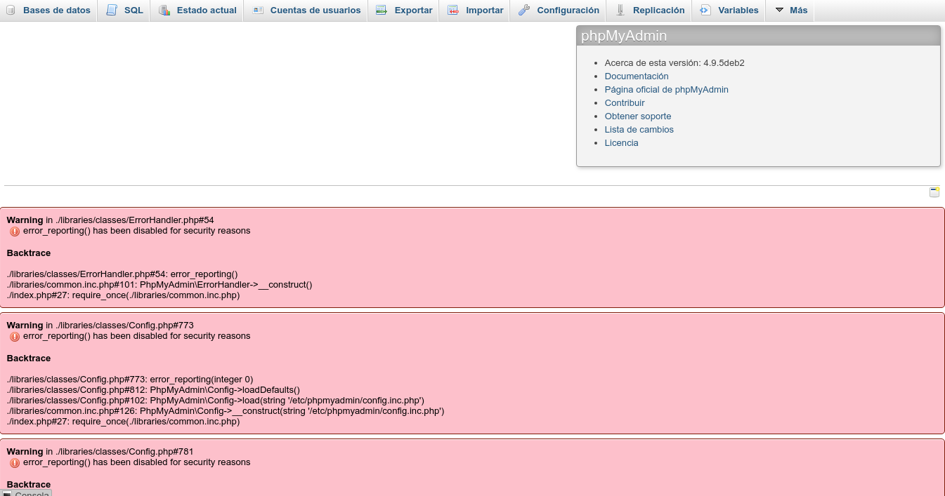 Error reporting disabled function 4 9 x issue 16256 phpmyadmin 