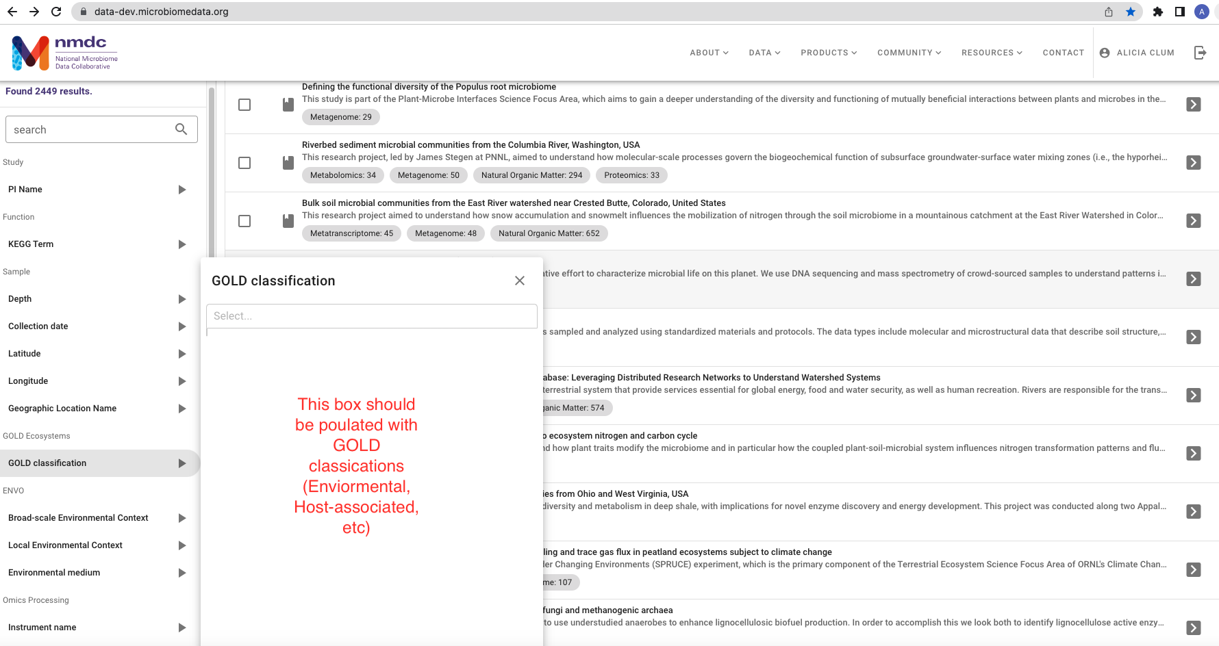 GOLD classification search filter tree doesn't populate if no other