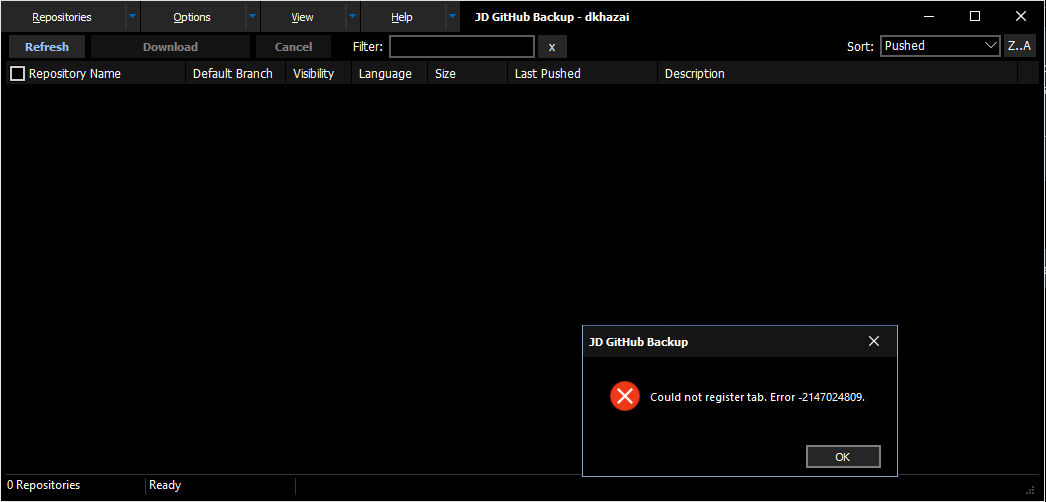 Could not register tab error · Issue #46 · djjd47130/GitHubBackup · GitHub