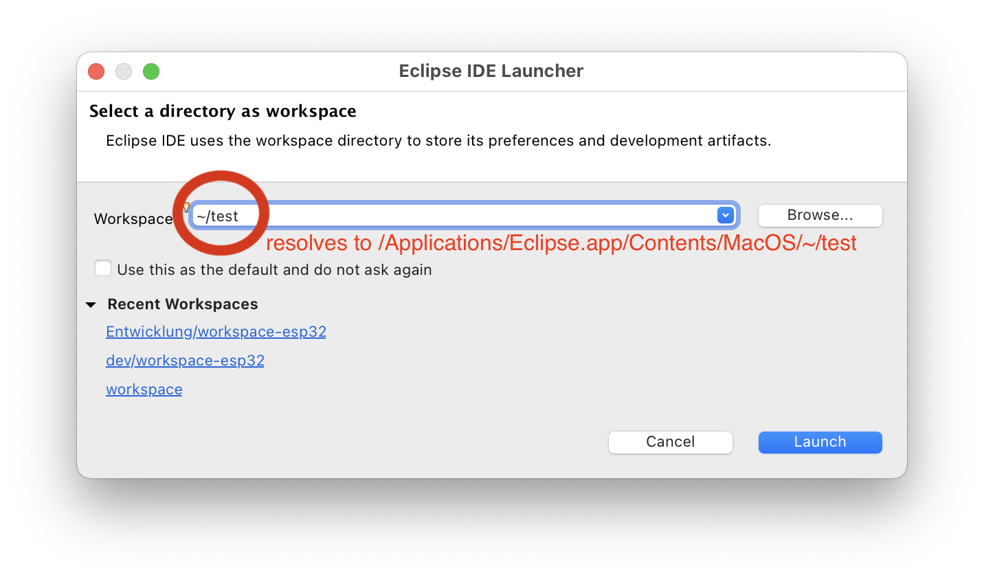 Workspace selection dialog allows relative paths and that leads to