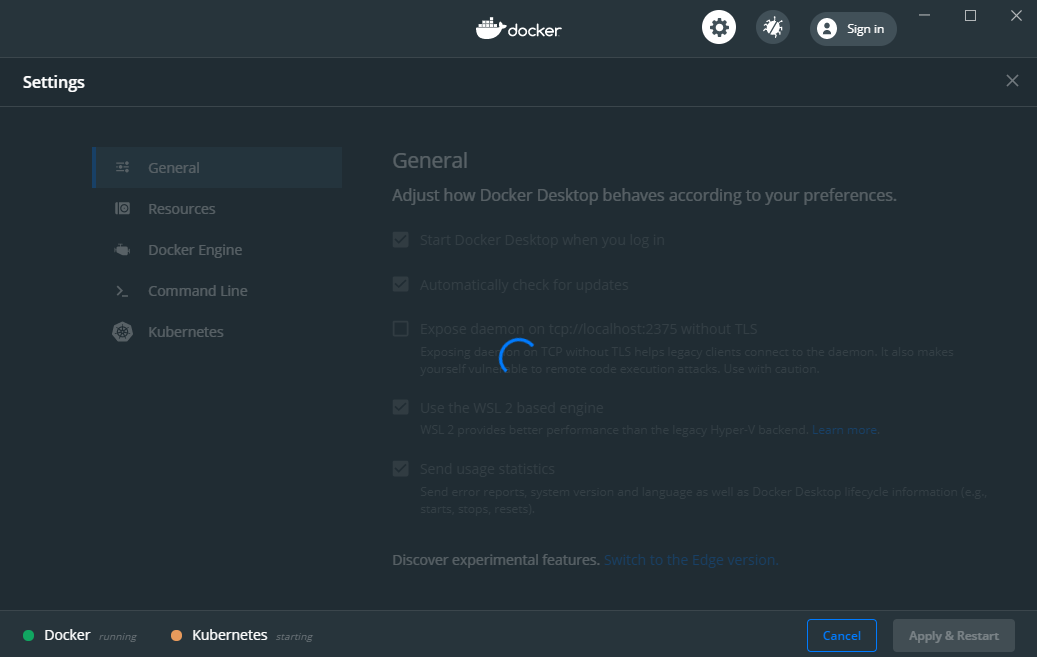 After enabling kubernetes settings page has forever loading circle on ...