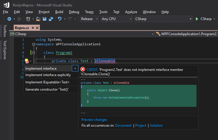 Implement interface quick fix does not add class brackets for nested ...