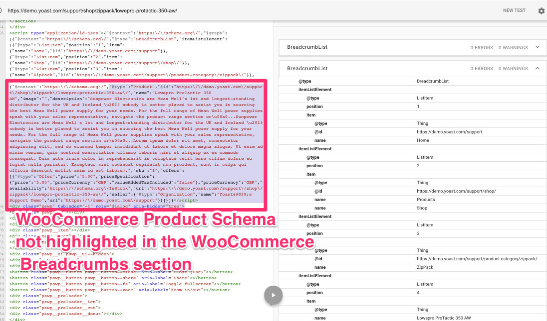 Product Schema appears under Yoast SEO Breadcrumbs in