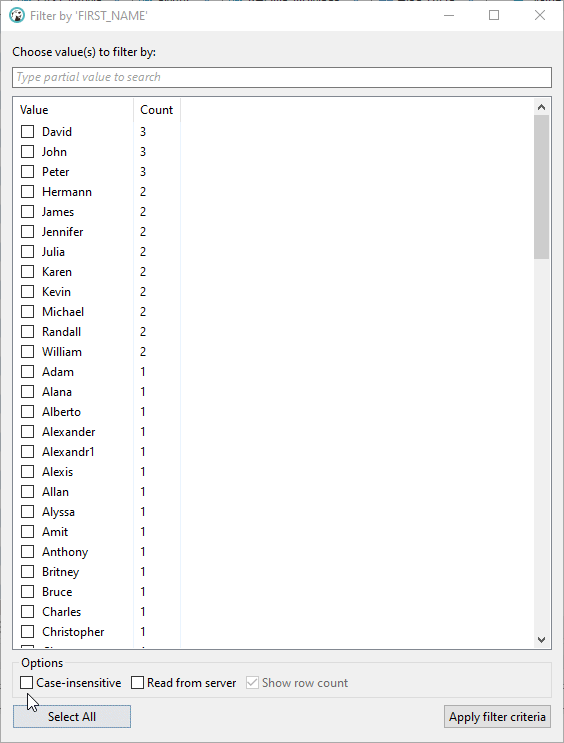Caseinsensitive search in column filter has inconsistent behavior