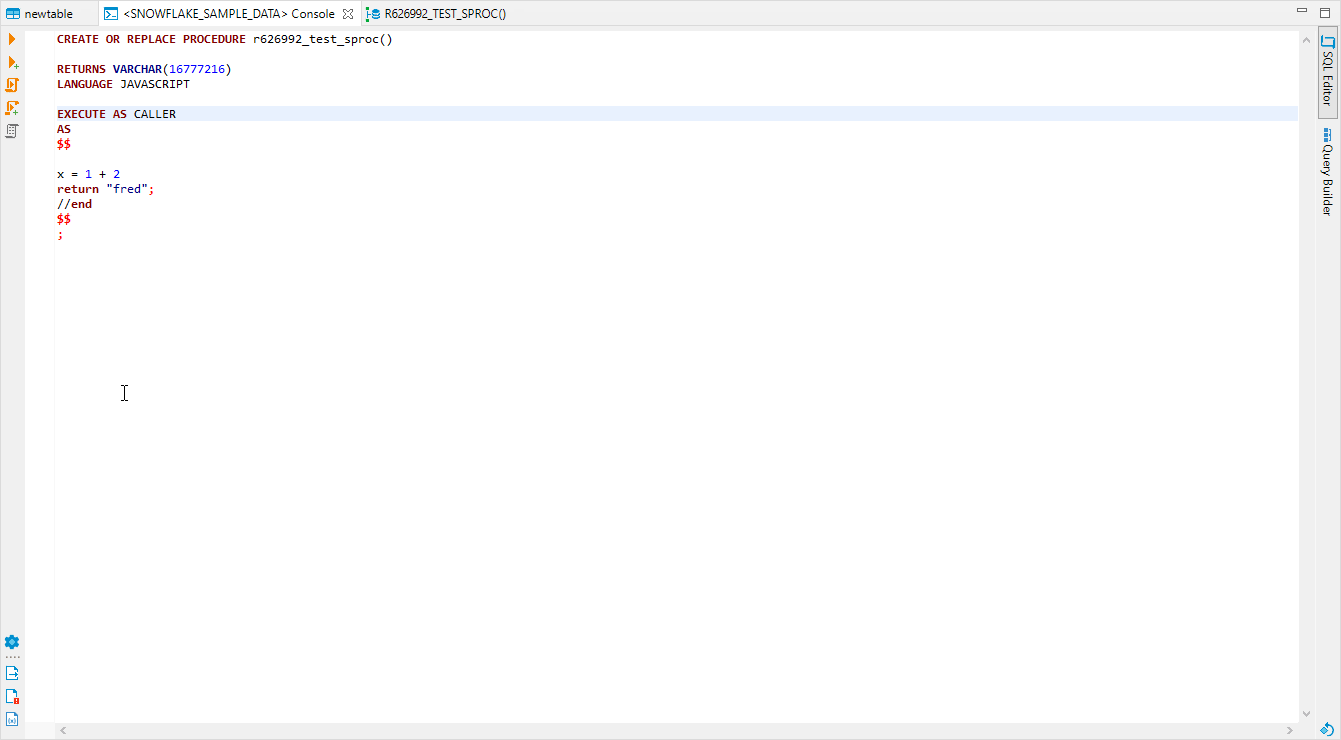 DBeaver incorrectly parses Snowflake stored procedure that contains the ...