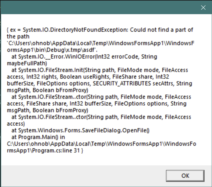 SaveFileDialog.OpenFile() returns null instead of throwing IOException