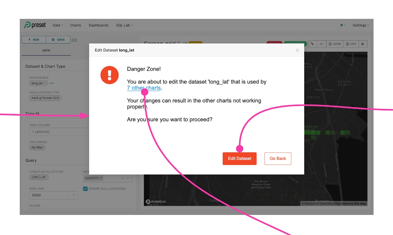 Improved UX for editing datasets in Explore - 3  User sees warning and link to list of affected charts