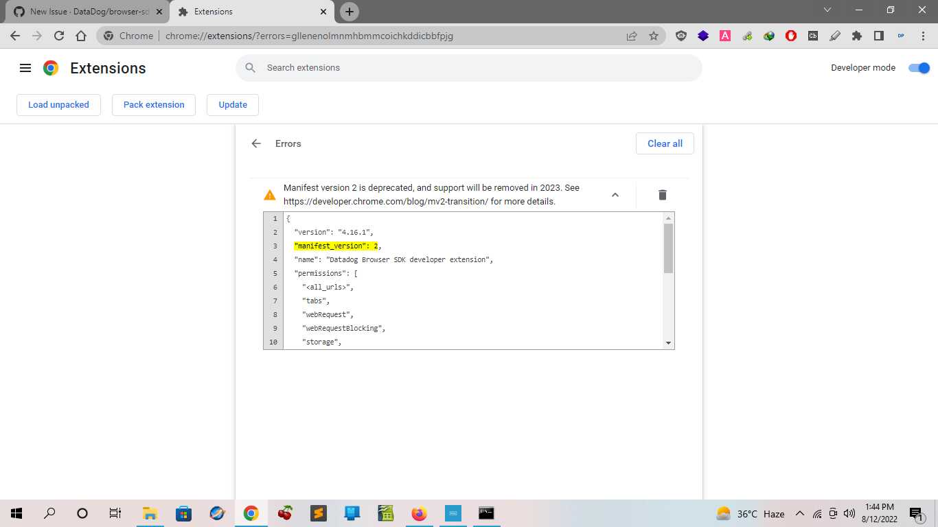 Manifest Version 2 is deprecated!! Error in loading extension · Issue 1691 · DataDog/browser